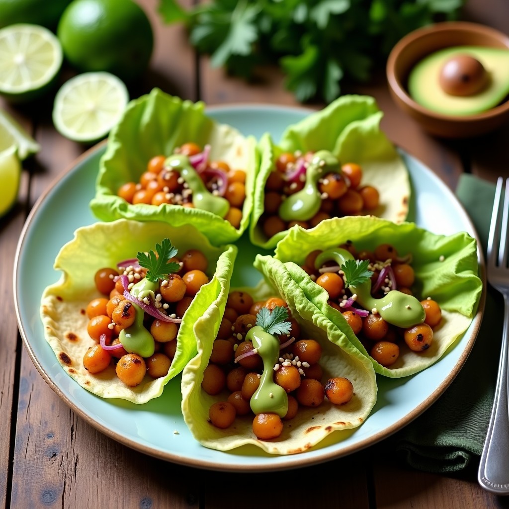 Plato de tacos de nopal asado y garbanzos crujientes con salsa de aguacate y lima, servidos en tortillas de maíz azules sobre un mantel rústico de barro. Los nopales asados tienen un color verde intenso con bordes dorados, los garbanzos están dorados y crujientes, y la salsa de aguacate es cremosa con trocitos de cebolla morada y cilantro fresco. Decorados con semillas de sésamo y hojas de lechuga romana.