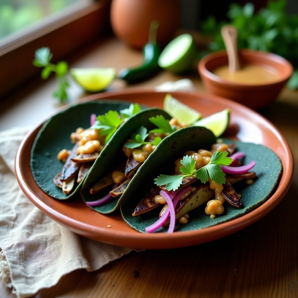 Tacos de maíz azul rellenos de nopales asados con bordes dorados, cebolla morada en juliana, cilantro fresco y bañados en una salsa cremosa de color ámbar de tamarindo y cacahuete, servidos en un plato de barro sobre una mesa rústica con limones y chiles de fondo.