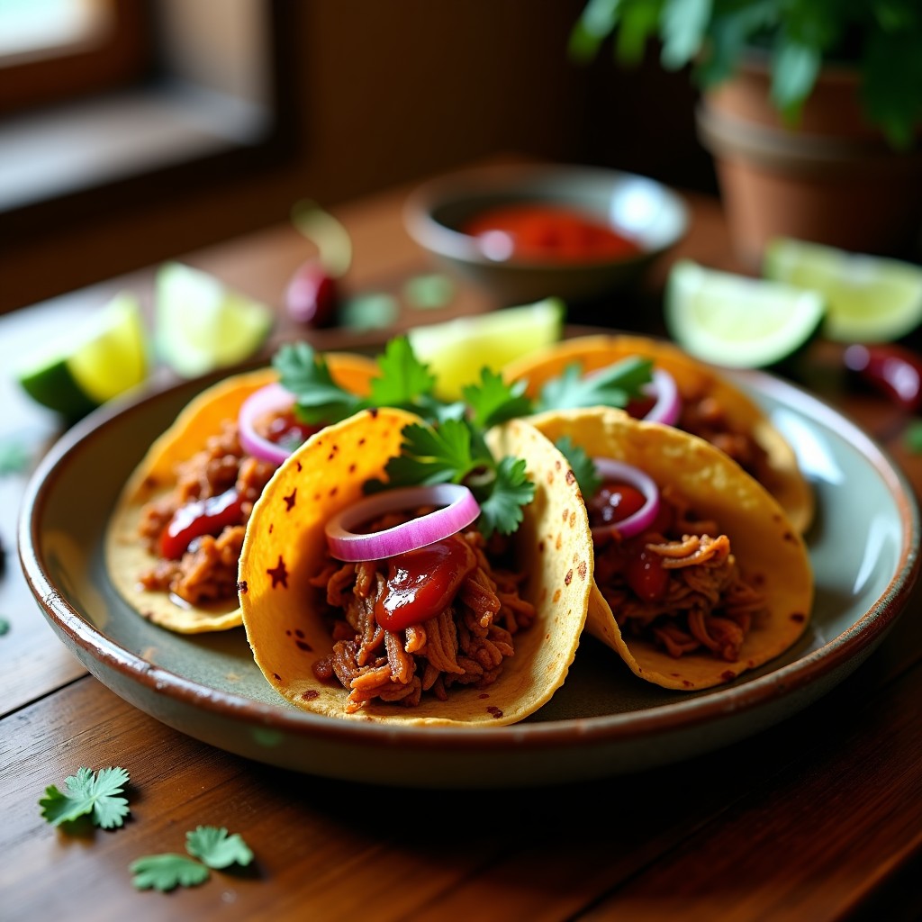 Plato de tacos veganos en airfryer con nopal asado dorado, jackfruit desmenuzado crujiente, cebolla morada, cilantro fresco y salsa de chile de árbol de color rojizo intenso. Tortillas de maíz ligeramente tostadas, servidas en un plato de barro rústico con fondos de limón.