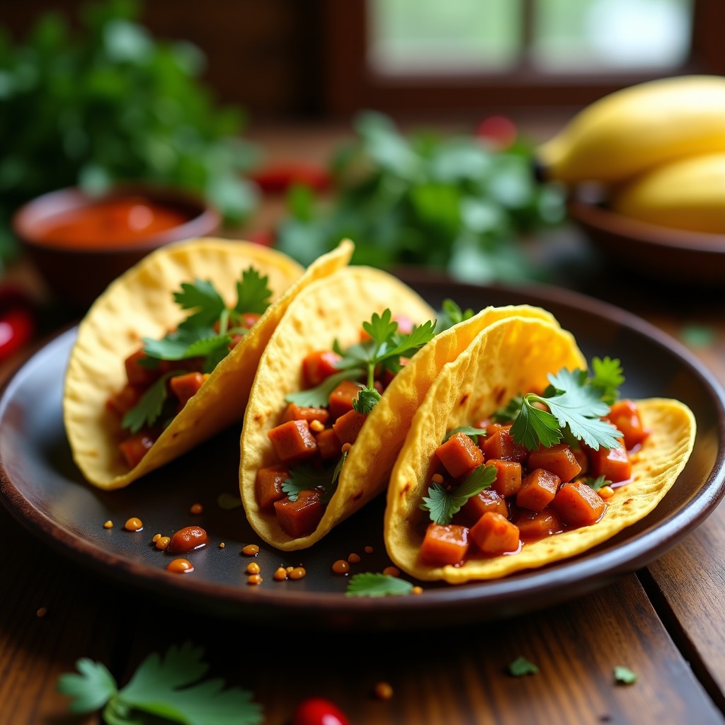 Tacos de maíz dorados rellenos de nopales salteados con adobo de chile chipotle, cubiertos con queso vegano derretido y cilantro fresco, servidos en un plato rústico con fondo de hojas de plátano.