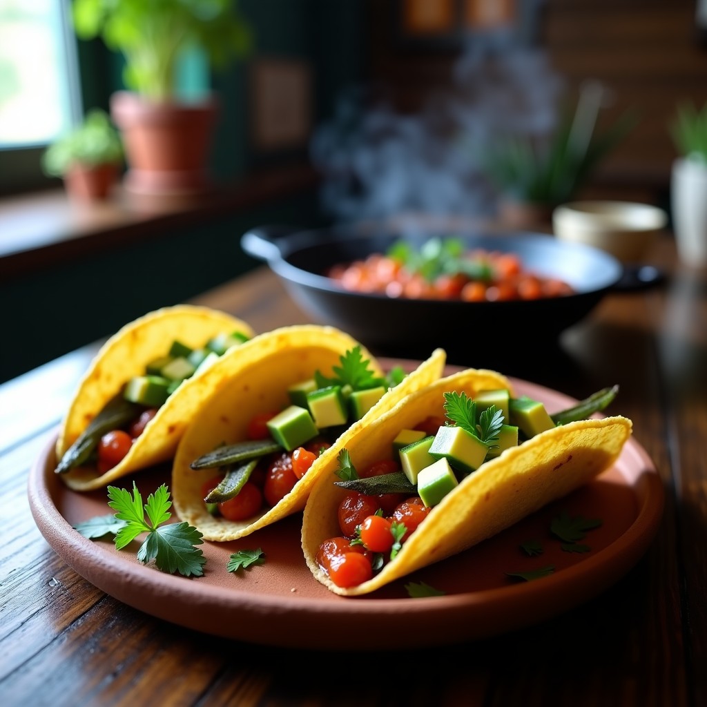 Plato de tacos de nopales asados con salsa de chile de árbol en tortillas de maíz azul, acompañados de aguacate y lechuga morada. Receta vegana y sin gluten preparada en comal, con textura dorada y crujiente.