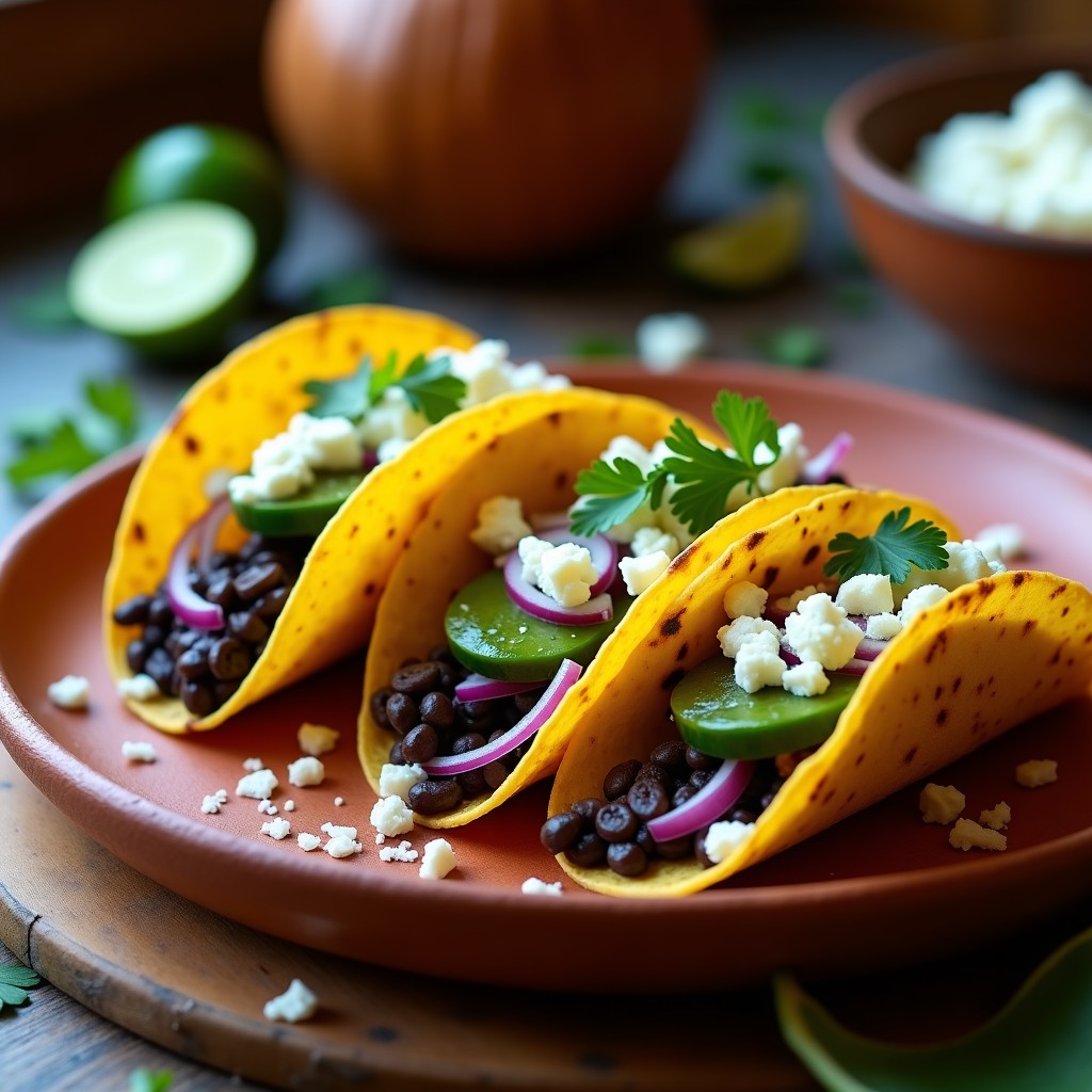 Tacos de maíz azul rellenos de nopales asados dorados, crema de frijoles negros sedosa, queso fresco desmenuzado, cebolla morada picada y cilantro fresco, servidos en un plato de barro con fondo de limones verdes y chiles secos. Receta mexicana en airfryer.
