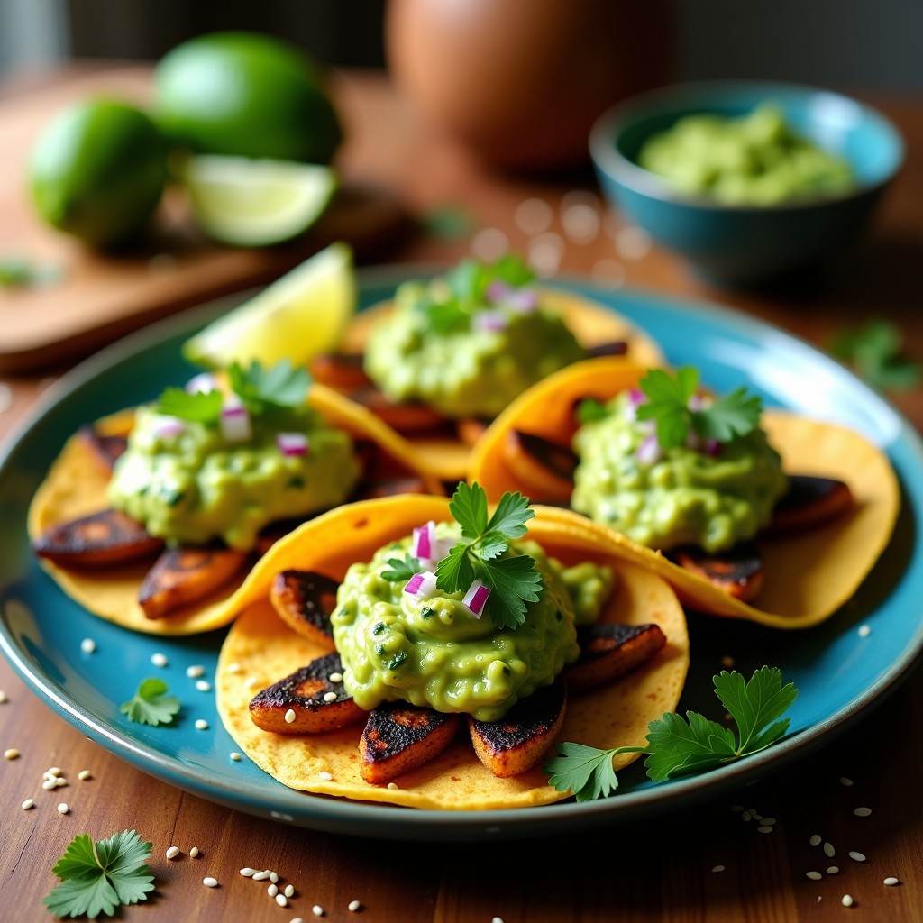 Plato de tacos de nopales asados con guacamole de jalapeño sobre tortillas de maíz azules, decorados con semillas de sésamo y cilantro fresco, receta vegana en airfryer.