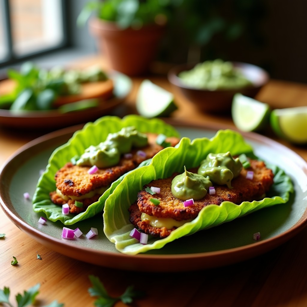 Tacos veganos y keto con nopales asados dorados en airfryer, servidos en tortillas de almendra con salsa verde cremosa de aguacate, cebolla morada picada y hojas de lechuga romana, sobre un plato de barro rústico con fondos de ingredientes frescos.