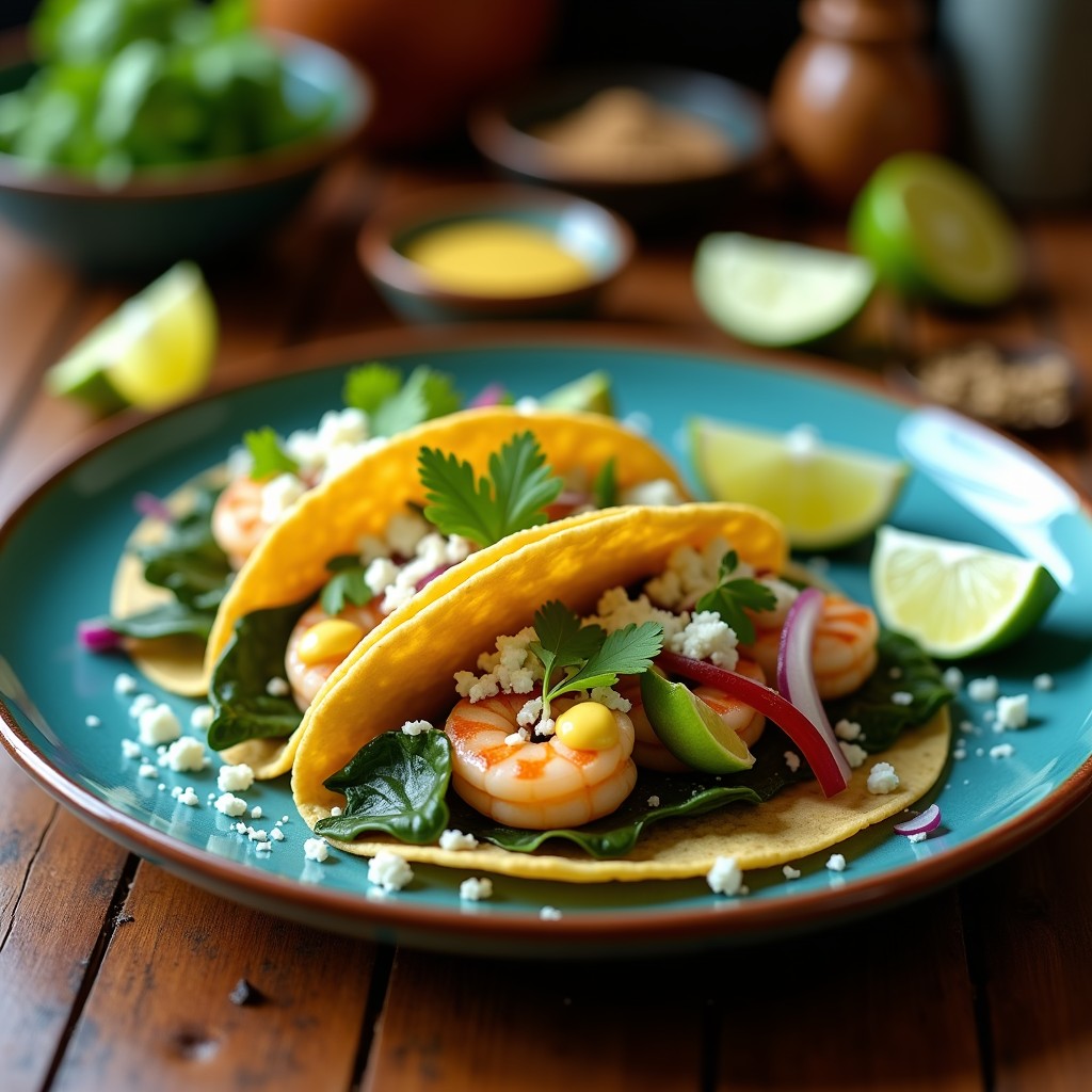 Plato de tacos de nopales con ceviche de camarón y salsa de chontaduro, receta fusion mexicana-colombiana. Tortillas azules rellenas de nopales en cubos, camarones marinados en cítricos, aguacate en trozos y salsa cremosa de chontaduro, decorados con cilantro fresco sobre un mantel rústico.