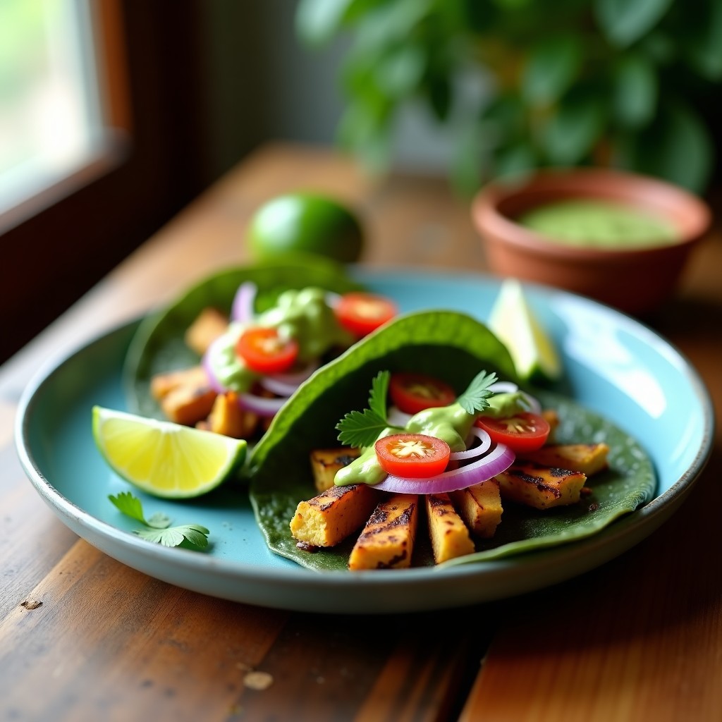 Tacos de nopales asados en tortillas de maíz azul, cubiertos con salsa cremosa de aguacate y chile piquín, cebolla morada en juliana, tomates cherry y cilantro fresco. Plato colorido y saludable, típico de la cocina mexicana detox.