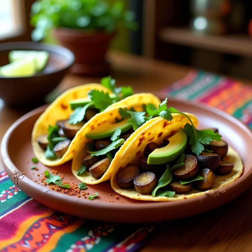 Tacos veganos de nopales y hongos portobello ahumados servidos en tortillas de maíz, con aguacate y cilantro fresco, sobre un plato de barro rústico.