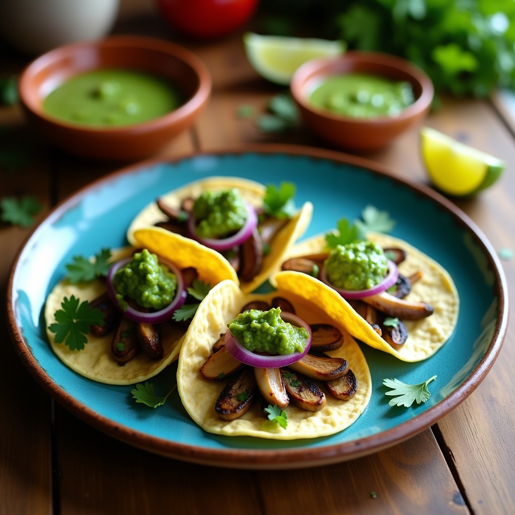 Plato de tacos veganos de nopales y hongos ostra con salsa verde cruda, servidos en tortillas de maíz azul, decorados con cebolla morada y cilantro fresco sobre una mesa de madera rústica.