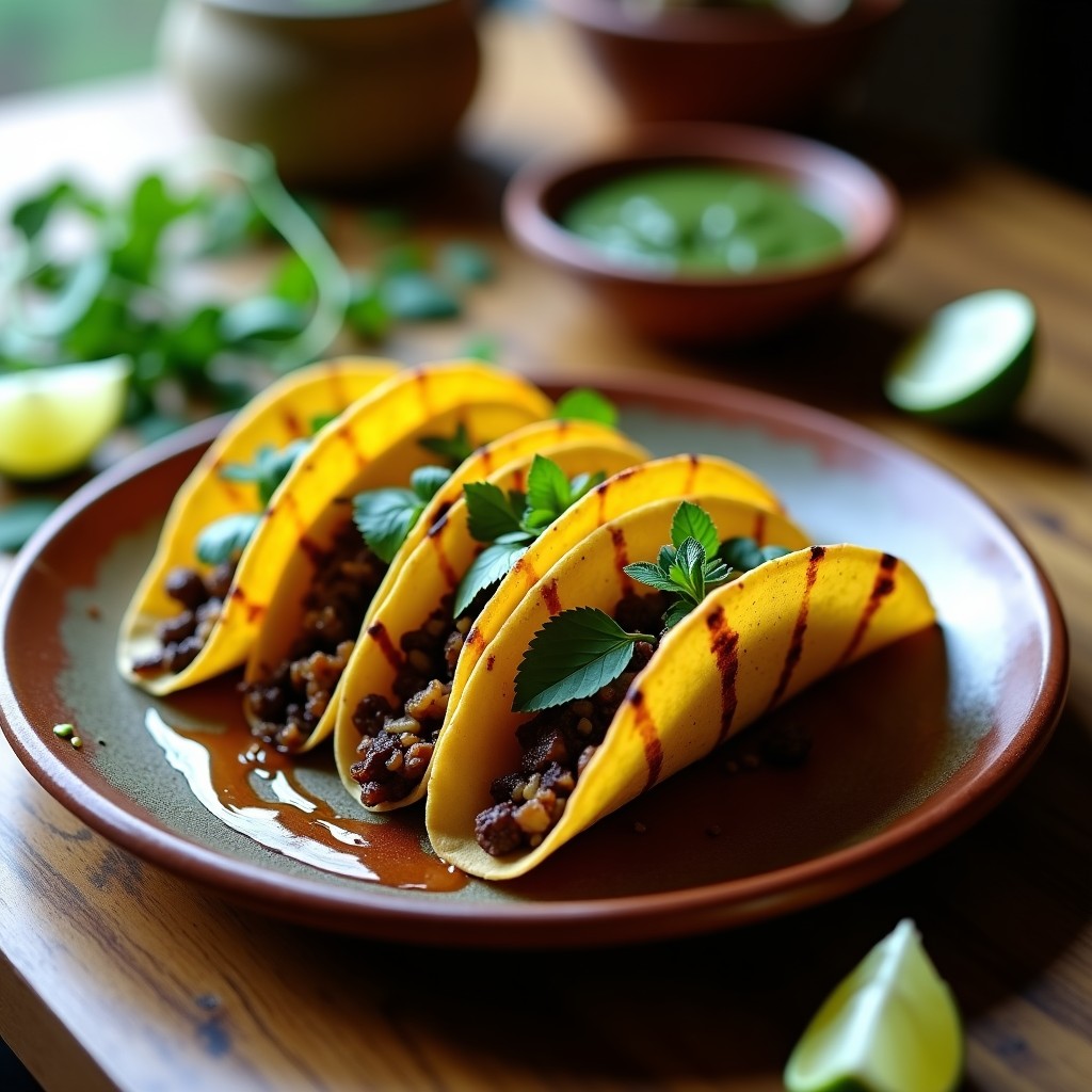 Plato de tacos de nopales con huitlacoche ahumado sobre tortillas de maíz azul, decorados con epazote fresco y rodajas de limón verde, servidos en un plato de barro rústico.