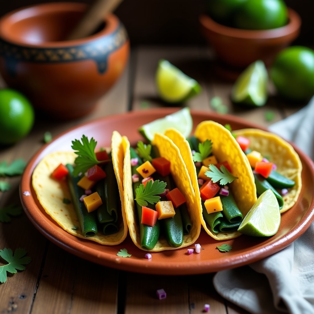 Plato de tacos de nopales con queso panela ahumado sobre tortillas de maíz azul, decorados con cebolla morada, cilantro y rodajas de limón verde. Receta mexicana express y sin gluten.