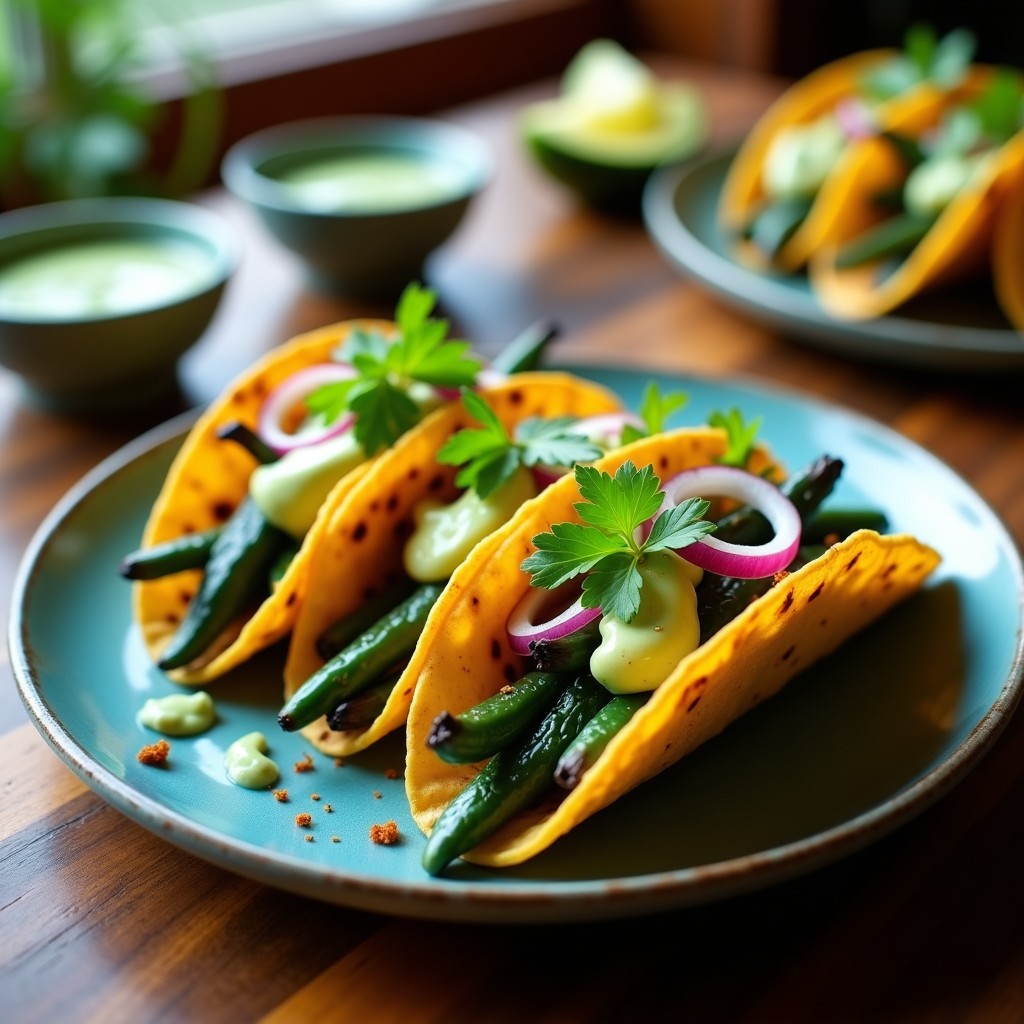Plato de tacos de nopales con rajas de poblano asadas y crema de aguacate verde cremosa, servidos en tortillas de maíz azules con hojas de lechuga y cilantro fresco, estilo mexicano vegano y sin gluten.