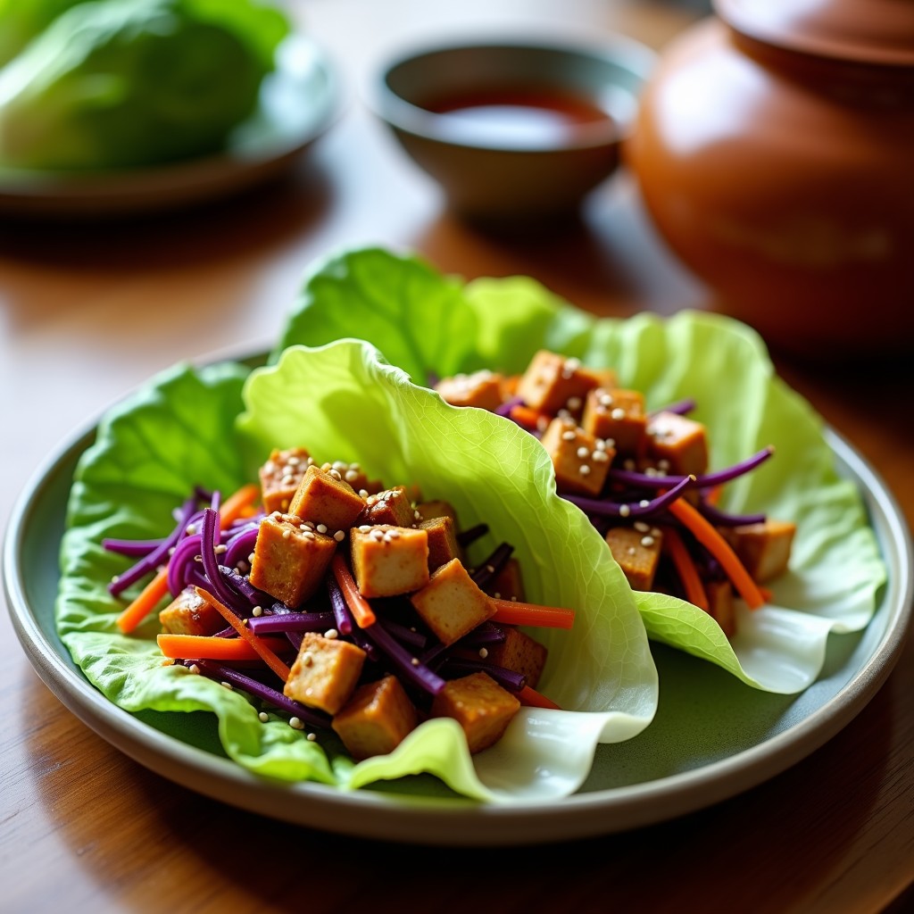 Plato de tacos onggi fermentados con tofu, hongos shiitake y zanahoria, servidos en hojas de lechuga romana y espolvoreados con semillas de sésamo, receta coreana probiótica.