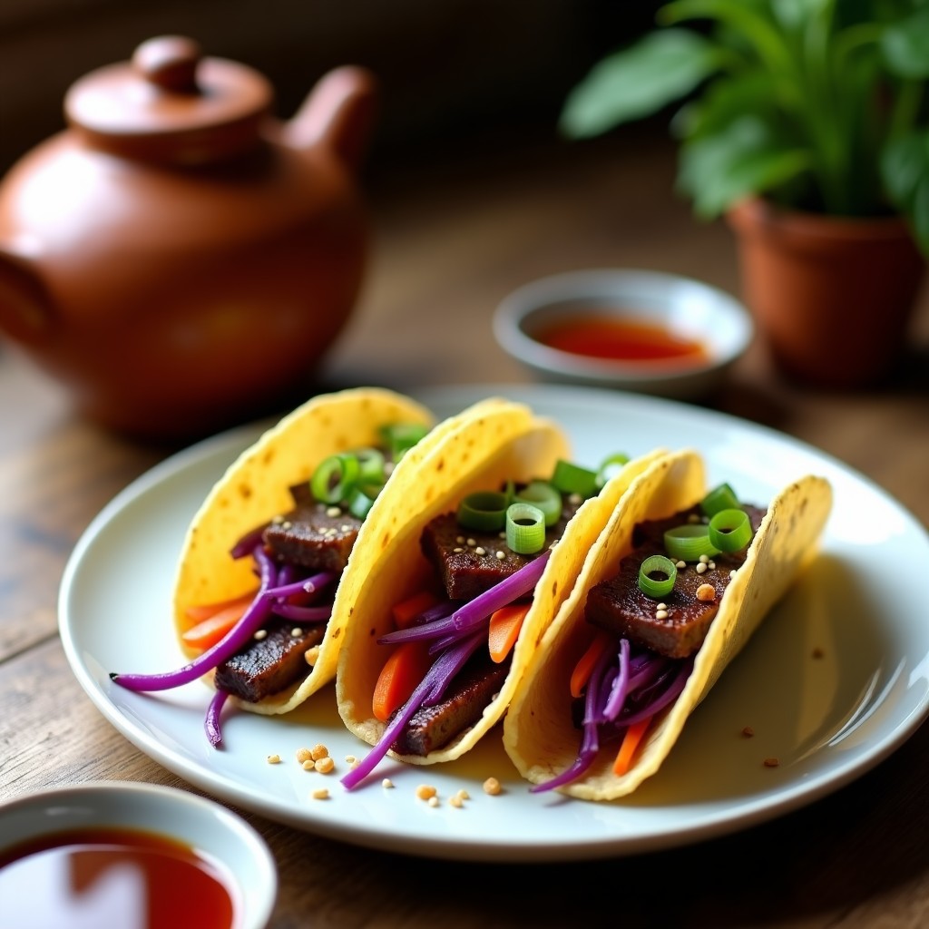 Plato de tacos onggi de cordero fermentado coreano con tortillas de maíz, lechuga romana, zanahoria en juliana, cebollino y semillas de sésamo, servidos en una mesa de madera rústica con un onggi al fondo.