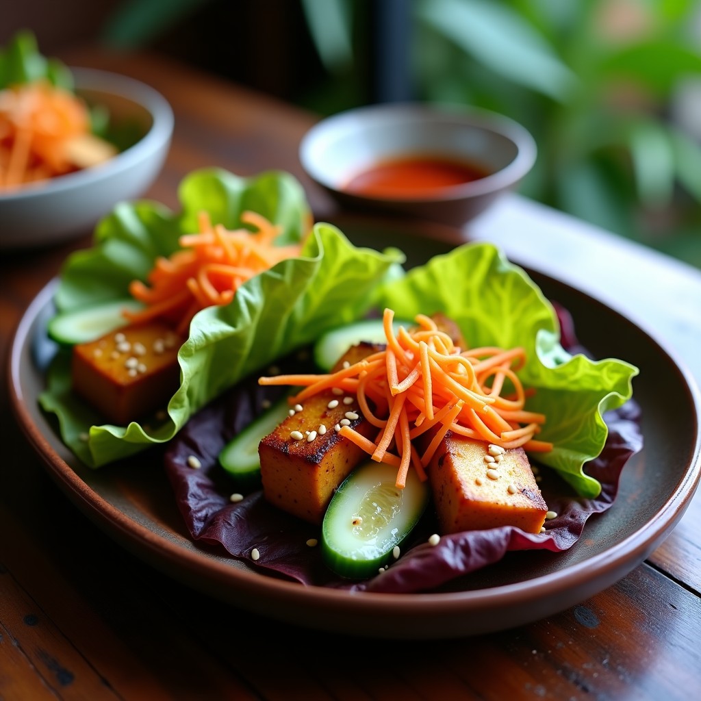 Tacos de lechuga morada rellenos de tofu fermentado dorado, zanahoria juliana, pepino y semillas de sésamo, receta coreana onggi picante y probiótica.