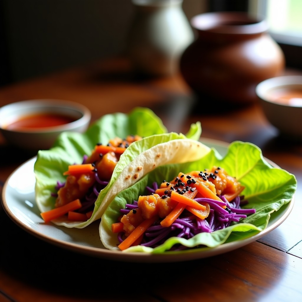 Plato de tacos onggi fermentados con jengibre y miel, servidos sobre hojas de lechuga romana y espolvoreados con semillas de sésamo negro. Receta coreana tradicional con textura crujiente y relleno umami.