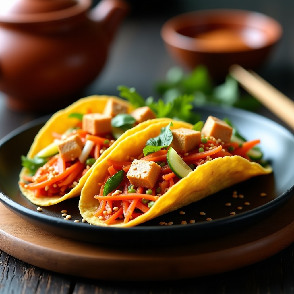 Plato de tacos Onggi veganos rellenos de kimchi fermentado colorido, tofu dorado y semillas de sésamo sobre tortillas de maíz, con fondo de mesa rústica de madera.