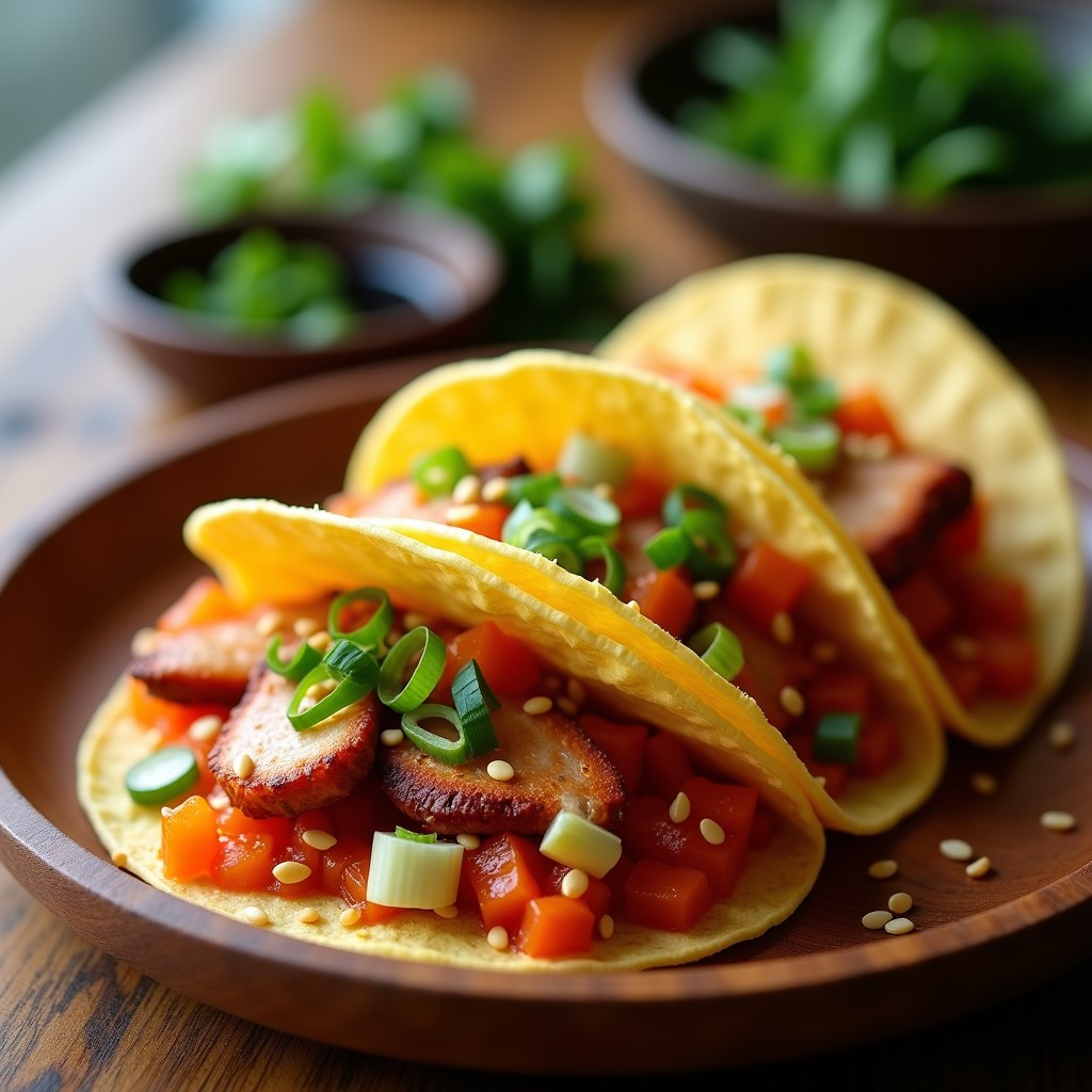 Plato de tacos de maíz rellenos de kimchi fermentado en onggi, con trozos de cerdo marinado y semillas de sésamo. Receta coreana auténtica de tacos de onggi fermentados.