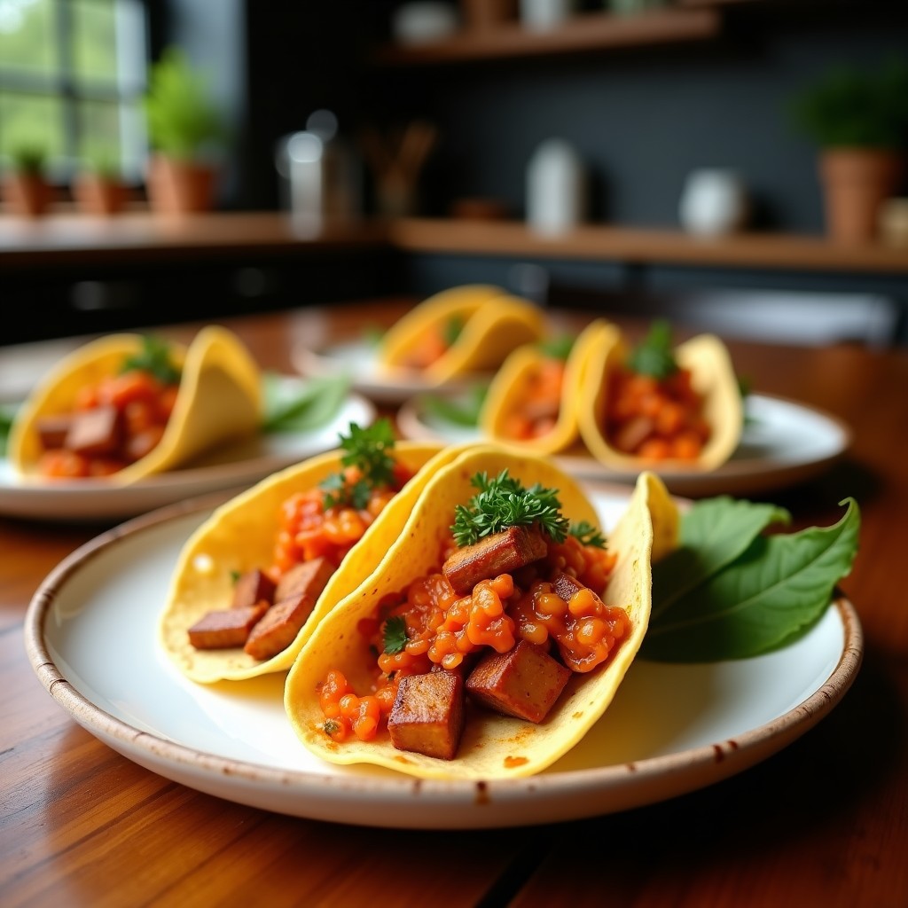 Tacos veganos coreanos con hojas de lechuga rellenas de onggi fermentado, kimchi, tofu dorado y semillas de sésamo, servidos en un plato de madera rústico.