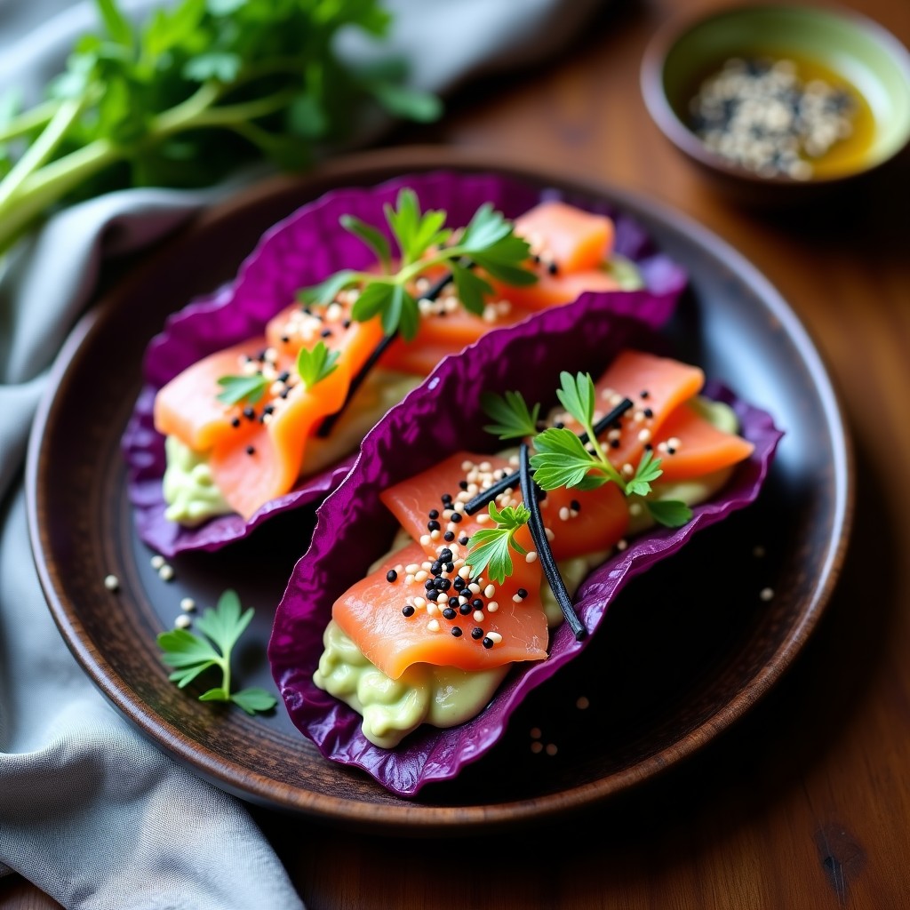Tacos Onggi japoneses servidos en plato de madera oscuro, con hojas de repollo morado rellenas de crema de aguacate, salmón ahumado, semillas de sésamo y algas nori, decorados con cebollino.