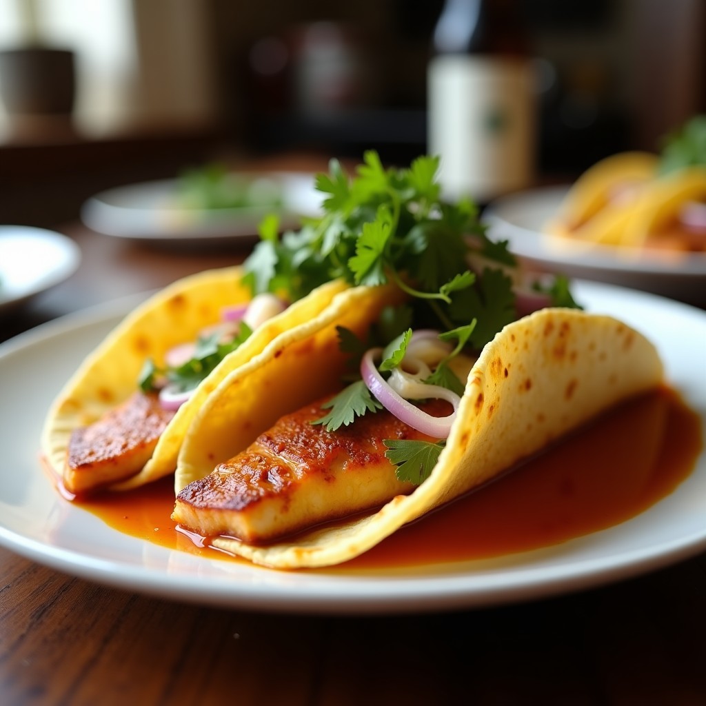 Plato de tacos onggi japoneses dorados y crujientes, rellenos de trozos de merluza marinada con jengibre, cebolla verde y semillas de sésamo, servidos sobre una tabla de madera rústica.