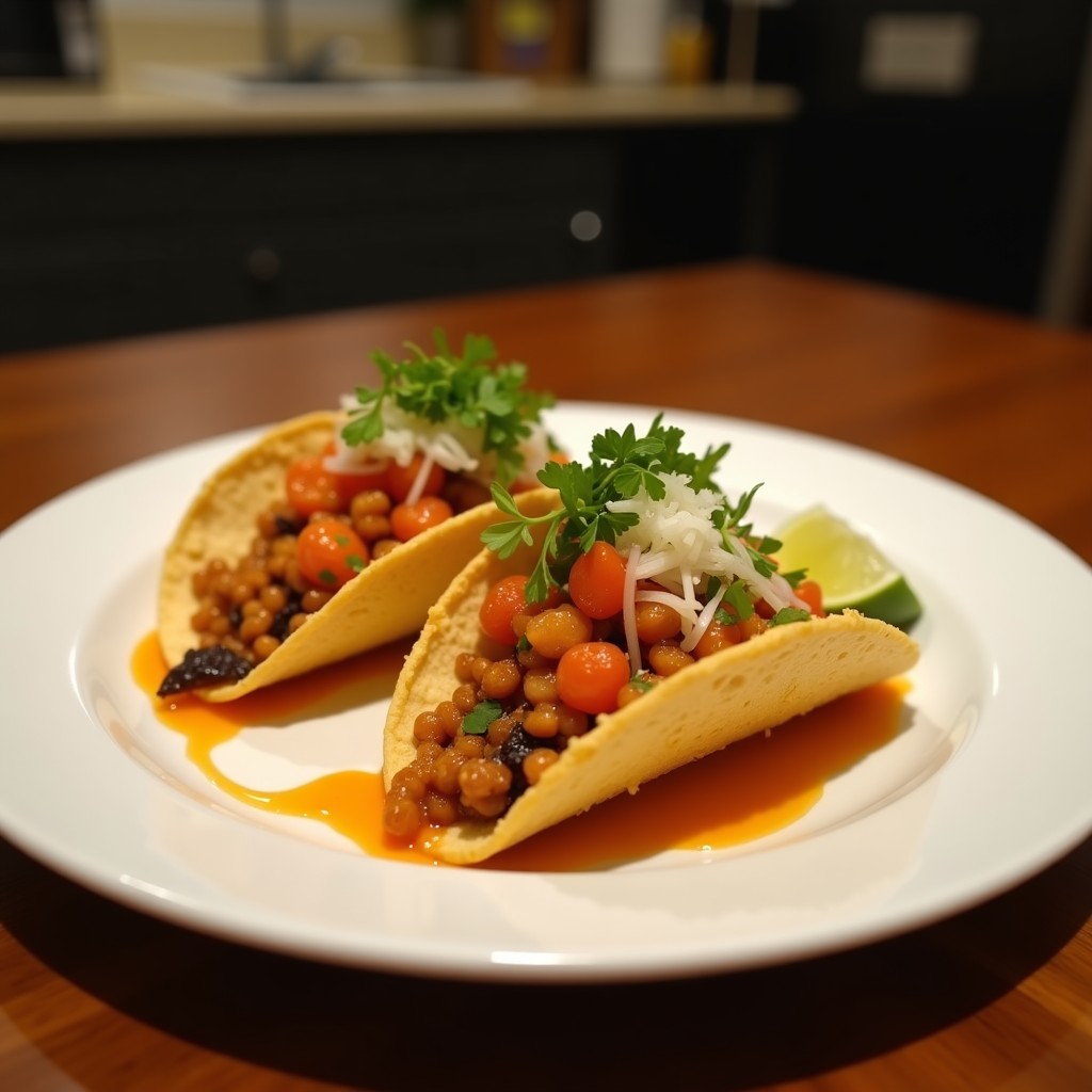 Plato de tacos de maíz rellenos de pollo salteado con kimchi fermentado en onggi, decorados con semillas de sésamo y cebolla morada, servidos sobre una tabla de madera rústica.