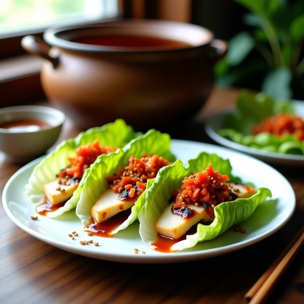 Plato de tacos onggi coreanos con filetes de pescado ahumado y fermentado sobre hojas de lechuga romana, acompañados de kimchi y semillas de sésamo, receta tradicional de 24 horas.