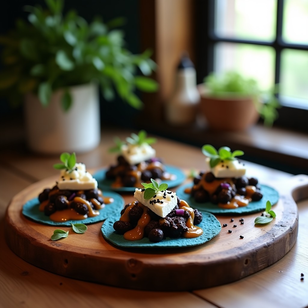 Plato de tacos de onggi con queso azul desmenuzado, salsa de higos caramelizados y hojas de perilla sobre tortillas de maíz azul, servidos en una tabla de madera rústica.