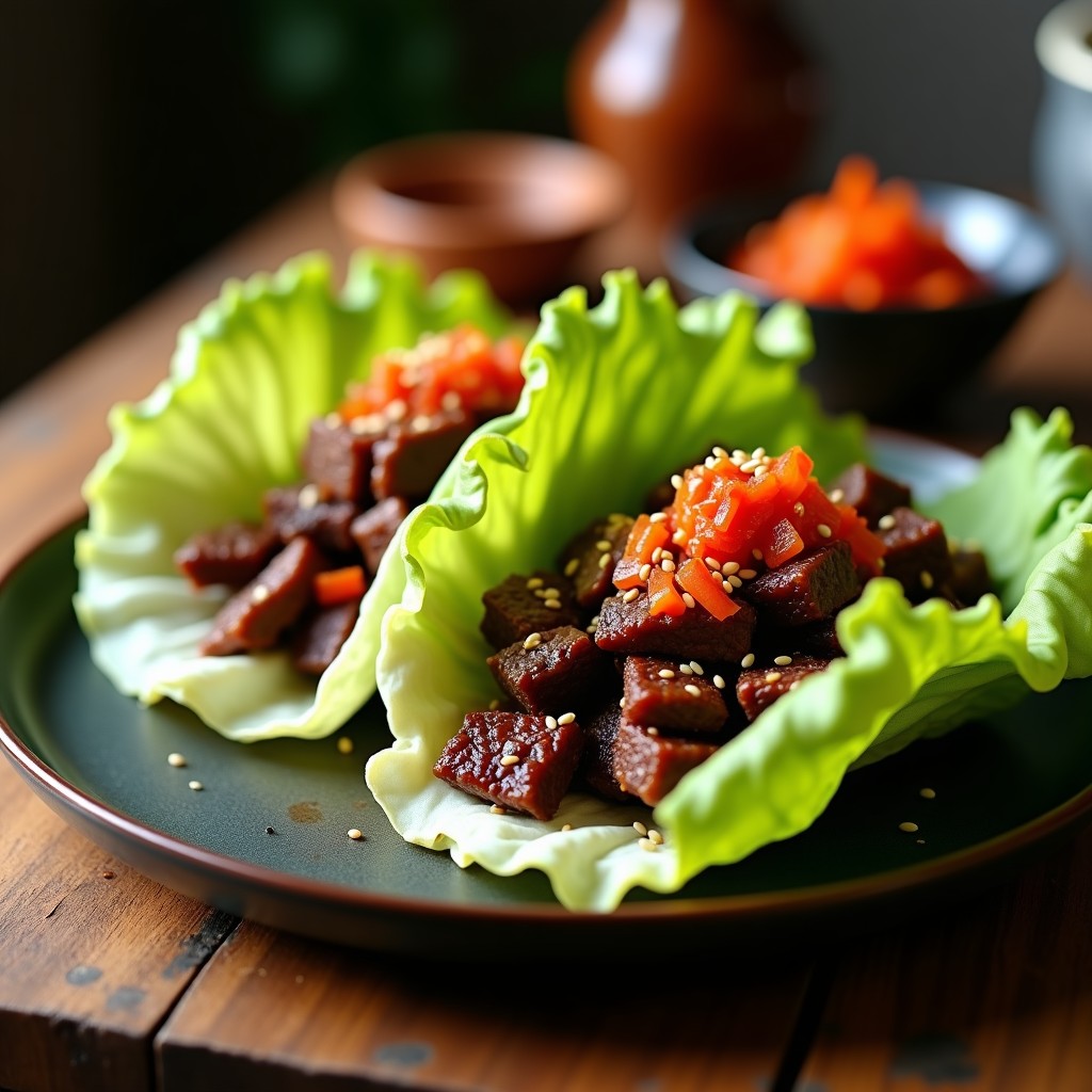 Tacos onggi de ternera fermentada con kimchi servidos en hojas de lechuga romana, espolvoreados con semillas de sésamo y acompañados de cebolla morada en juliana.