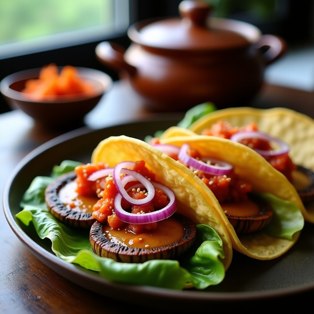 Plato de tacos onggi veganos con hongos portobello fermentados, kimchi, tortillas de garbanzo y semillas de sésamo, servidos en hojas de lechuga romana.
