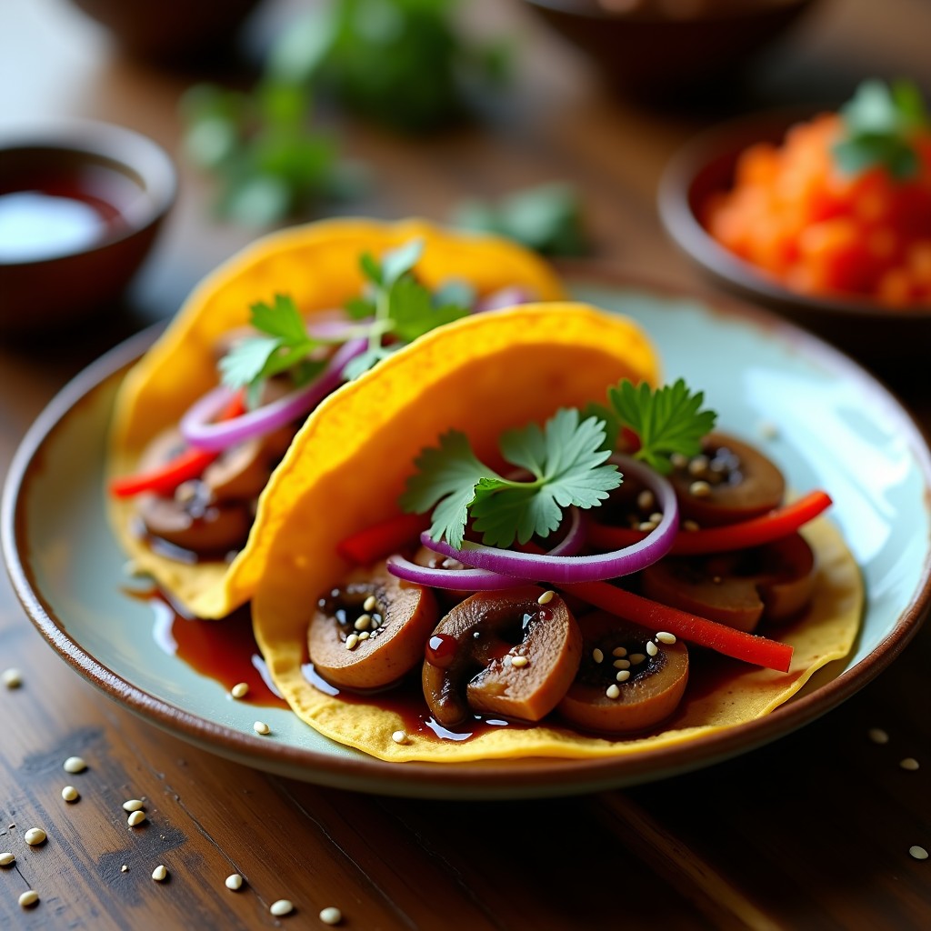 Plato de tacos onggi veganos con hongos shitake ahumados, cebolla morada, pimiento rojo y semillas de sésamo, servidos en tortillas de maíz doradas.
