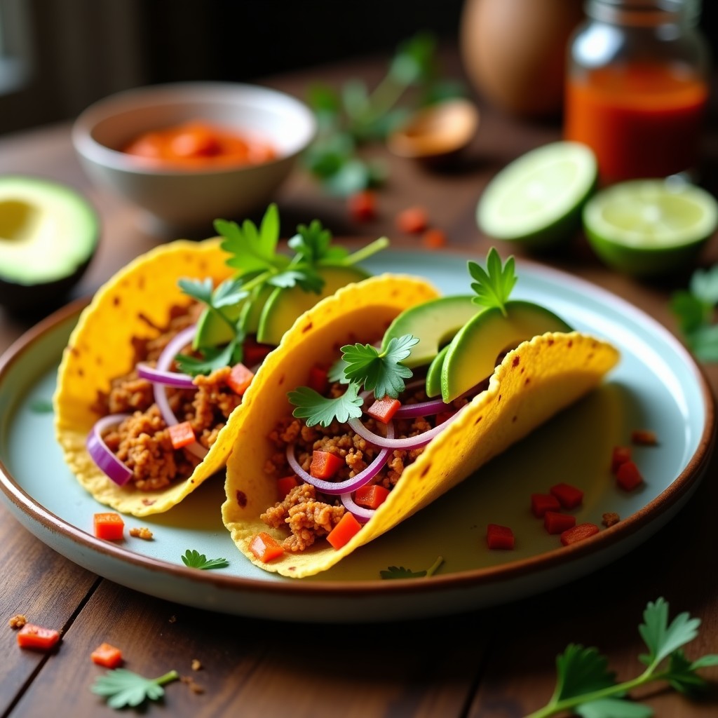 Plato de tacos veganos rellenos de jackfruit ahumada desmenuzada, con cebolla morada, aguacate y cilantro sobre tortillas de maíz doradas. Receta rápida y alta en fibra.