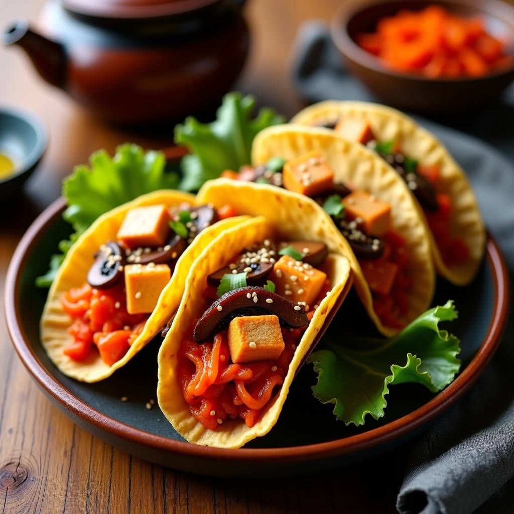 Plato de tacos onggi veganos con tortillas doradas, rellenos de kimchi fermentado, hongos shiitake y tofu marinado, espolvoreados con semillas de sésamo, sobre fondo rústico de madera.