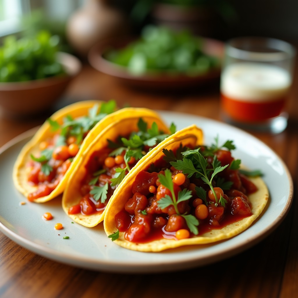 Tacos onggi veganos rellenos de tofu dorado marinado en salsa gochujang, zanahoria rallada, pepino y cebolla morada, espolvoreados con semillas de sésamo y cilantro fresco sobre un plato de madera rústico.