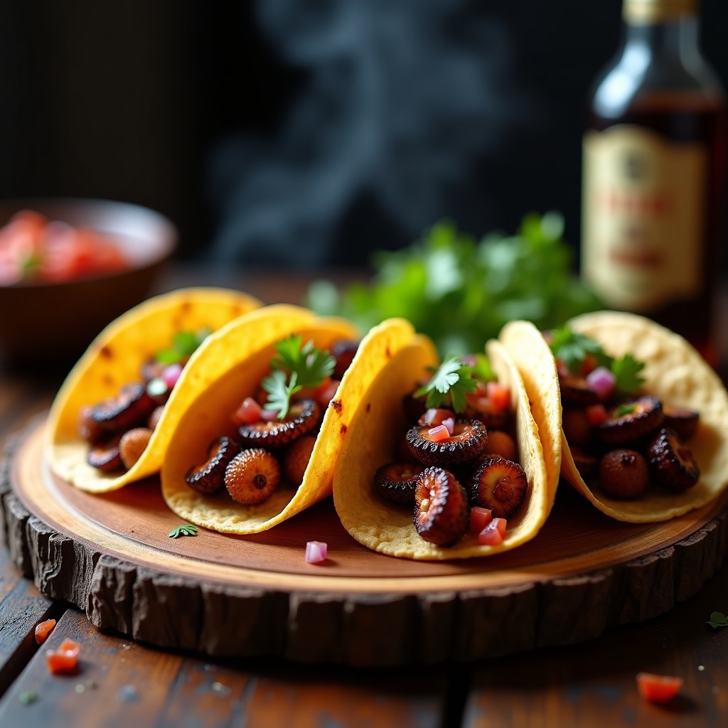 Plato de tacos ongi ahumados de pulpo al café en tortillas de maíz, decorados con cebolla morada, cilantro y salsa chipotle, servidos sobre una tabla de madera rústica.