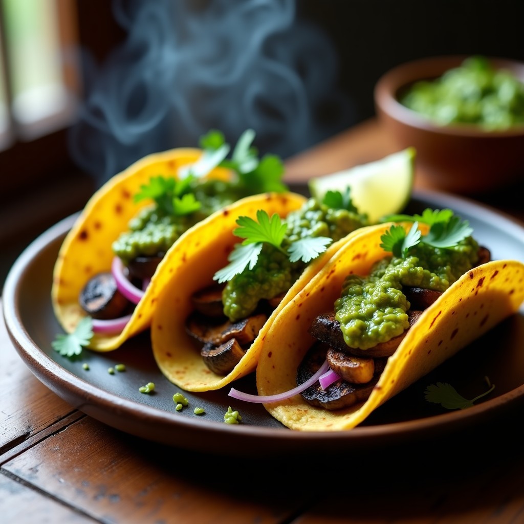Plato de tacos ongi ahumados con hongos shiitake y portobello dorados, salsa verde fresca, cebolla morada y cilantro, sobre tortillas de maíz azules. Foto con fondo rústico y toques de humo.
