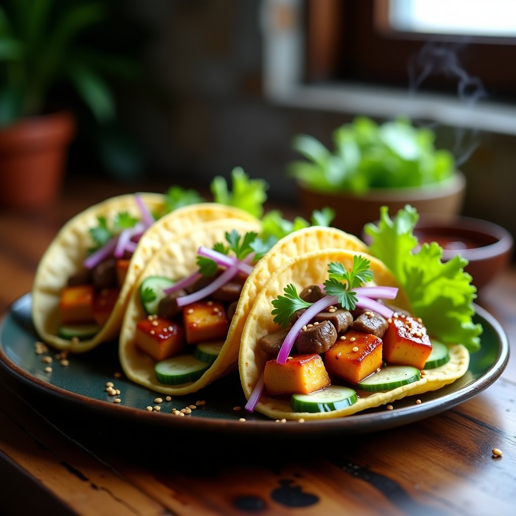 Tacos ongi ahumados veganos con tofu dorado y shitake, servidos en tortillas de maíz con cebolla morada, pepino y semillas de sésamo, sobre una tabla de madera rústica.