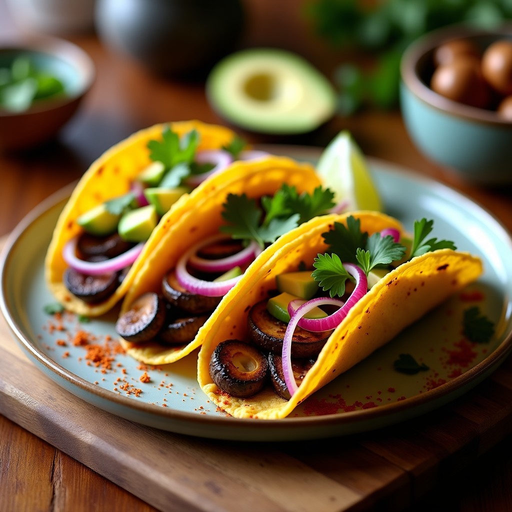 Plato con tacos ongi rellenos de champiñones portobello ahumados, cebolla morada, aguacate y cilantro, servidos en tortillas de maíz con un toque de especias.
