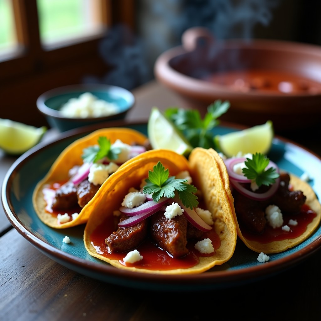 Plato de tacos de ongí con cordero ahumado en tortillas de maíz azules, servidos con cebolla morada, cilantro fresco, queso desmenuzado y gajos de limón, sobre un mantel rústico de tela de yute.
