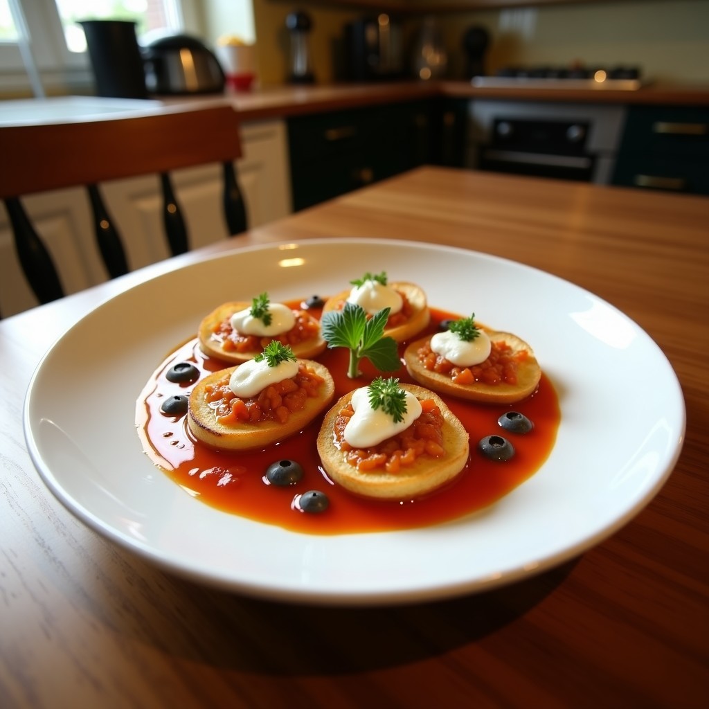 Plato de tacos Ongi Etoriko con ventresca de atún desmenuzada, pimientos del piquillo asados y cebollino fresco sobre pan integral tostado, estilo pintxos vascos.