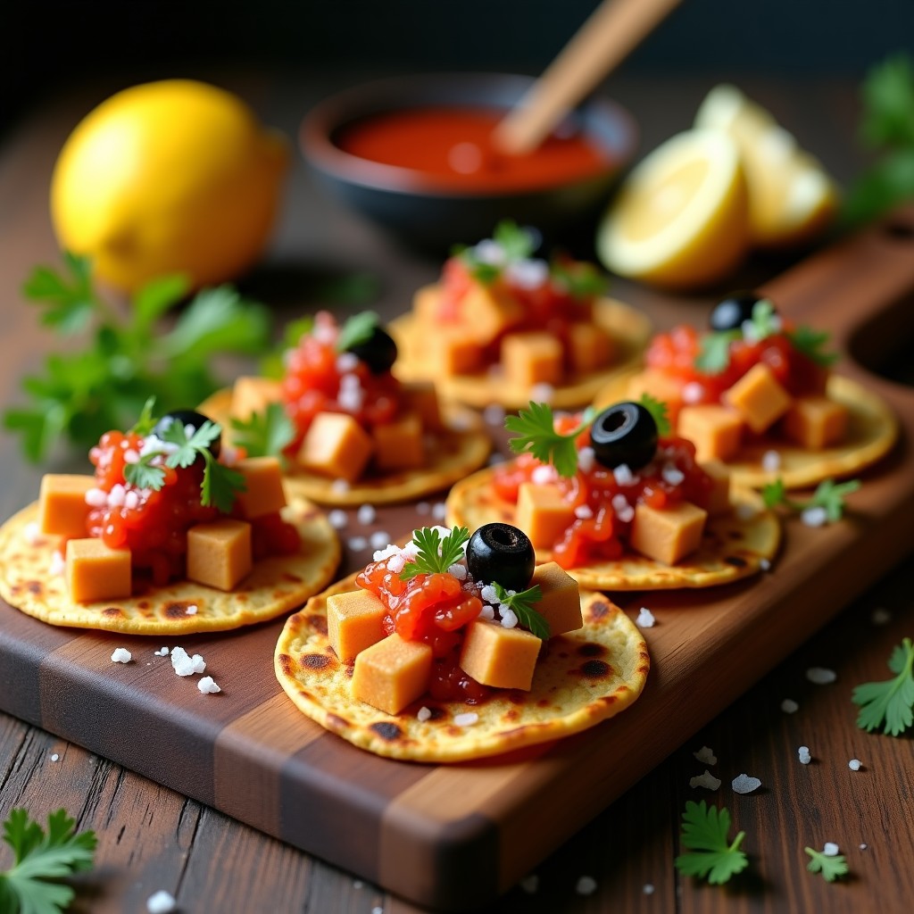 Tacos Ongi Etorri, pintxo vasco con ventresca de atún y pimientos del piquillo sobre tortillas de maíz tostadas, decorados con perejil y aceitunas negras.