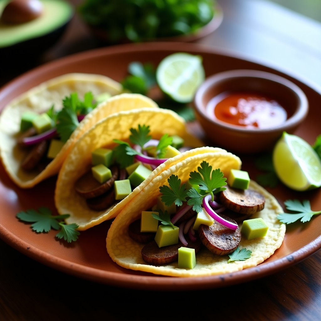 Tacos abiertos de maíz azul rellenos de hongos ostra ahumados en tiras, cebolla morada, aguacate en cubos y cilantro fresco, servidos en plato de barro con salsa de chipotle al lado, receta vegana de tacos de hongos ostra ahumados.