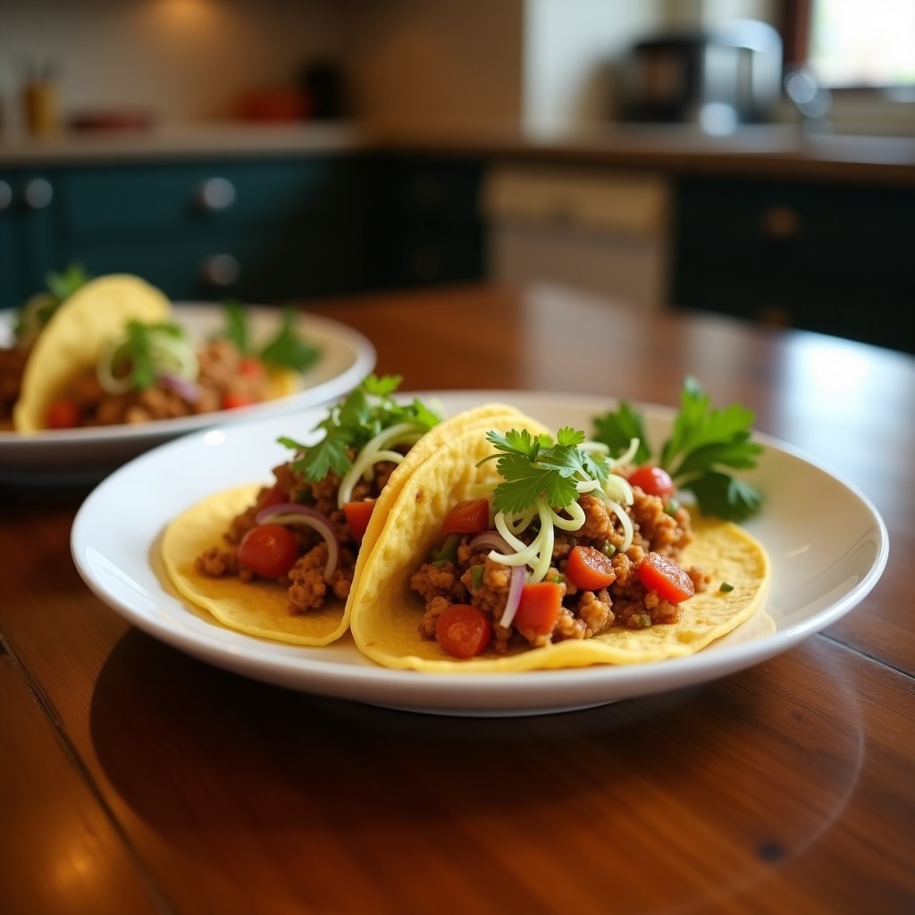 Tacos ongi veganos con jackfruit ahumado en horno, tortillas de maíz doradas, rellenos de lechuga, cebolla morada, pepino y zanahoria en juliana, espolvoreados con semillas de sésamo.