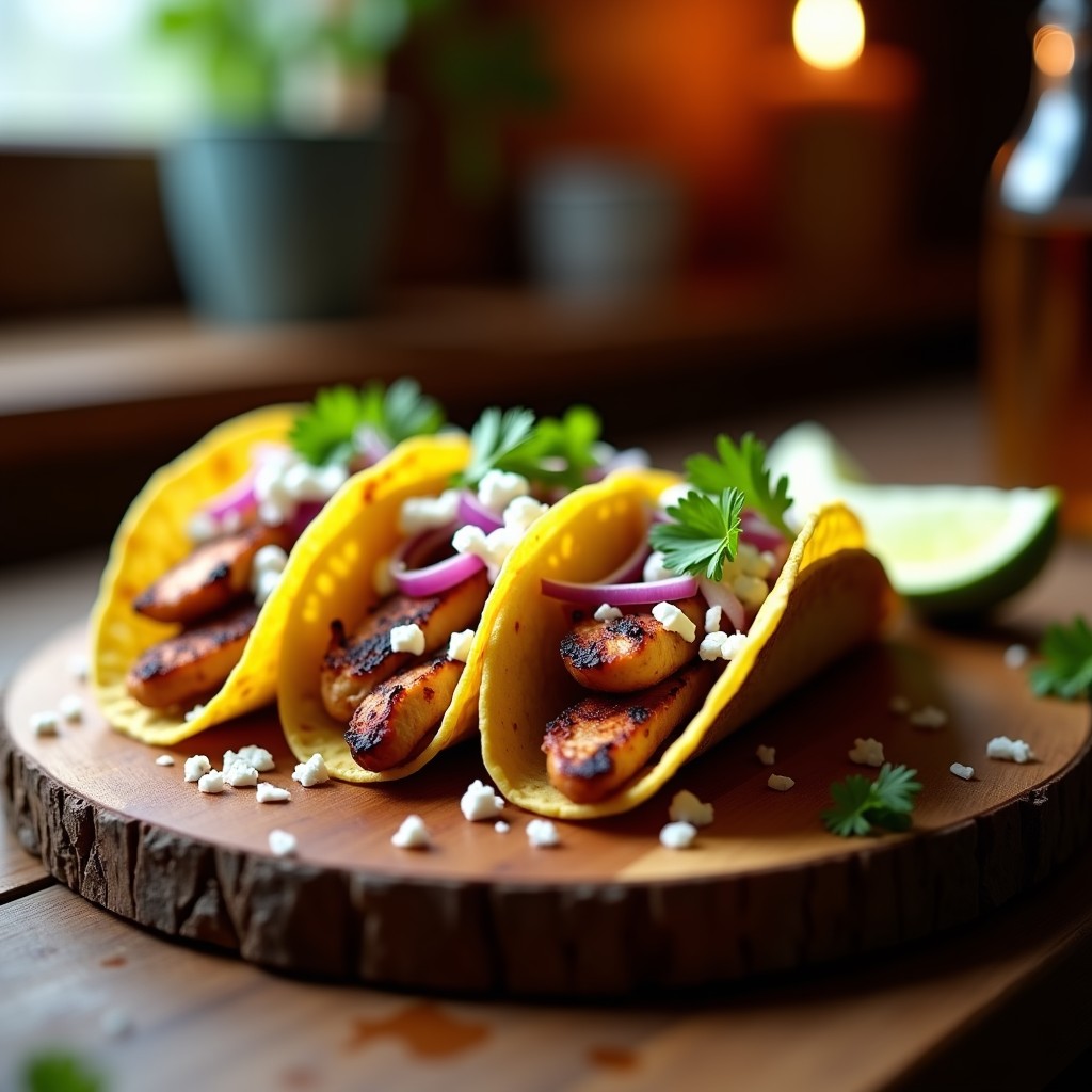 Tacos ongi de pollo ahumado en airfryer, con tortillas de maíz doradas, pollo en tiras oscuras, cebolla morada, cilantro y queso fresco desmenuzado sobre una tabla de madera rústica.