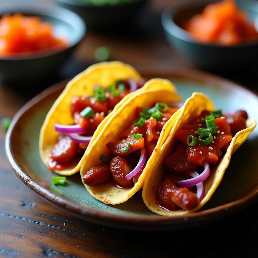 Plato de tacos ongi de pulpo fermentado coreano con tortillas de maíz doradas, rellenos de pulpo umami, kimchi, cebolla morada y salsa gochujang, espolvoreados con semillas de sésamo y cebollino fresco.