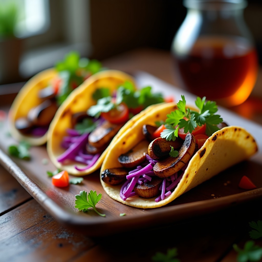 Tacos veganos ongi con hongos ostra ahumados en tortillas de maíz, acompañados de repollo morado, cebolla morada salteada, tomate y cilantro fresco.
