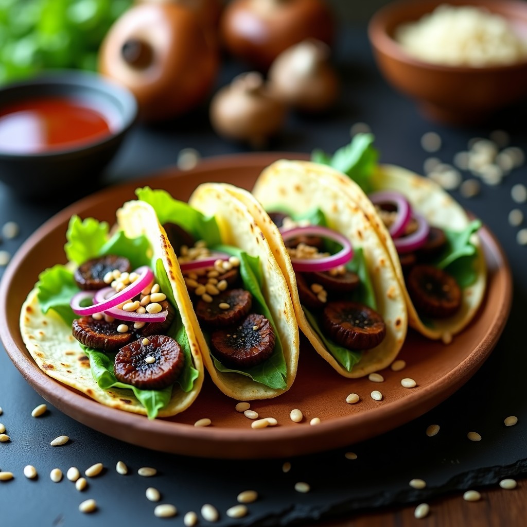 Tacos onggi veganos de hongos portobello fermentados servidos en tortillas de maíz, con lechuga romana, cebolla morada y semillas de sésamo tostadas, sobre un plato de madera rústico.