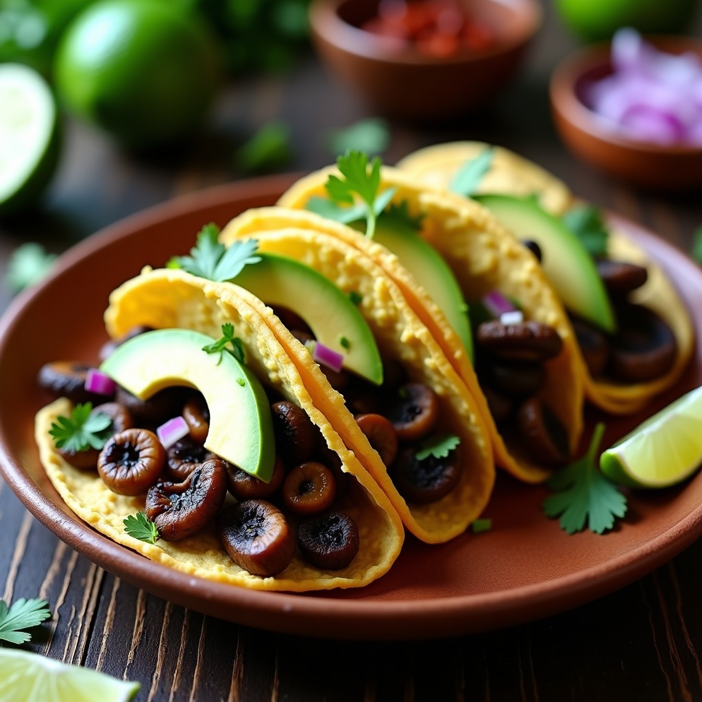 Plato de tacos ongi veganos con hongos shitake ahumados, aguacate y cilantro sobre tortillas de maíz tostadas, servidos en un plato de barro rústico.