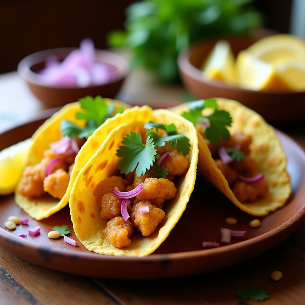 Tacos keto rellenos de coliflor fermentada Ongol Mooli, especias indias y cilantro fresco, servidos en tortillas doradas de almendra sobre un plato de madera rústico.
