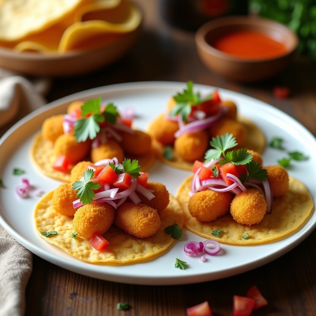 Plato de tacos de ongolmo dorados y crujientes en tortillas de maíz, acompañados de cebolla morada, tomate y cilantro fresco, con un fondo rústico de madera.