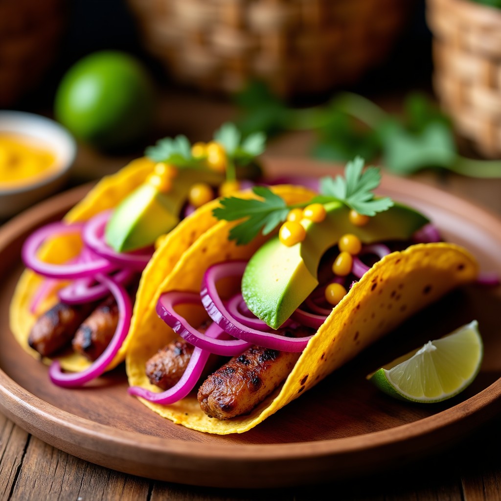 Tacos de ongolmo a la parrilla servidos en tortillas de maíz con encurtido de cebolla morada, aguacate y salsa de ají amarillo, receta tradicional ecuatoriana de Manta.